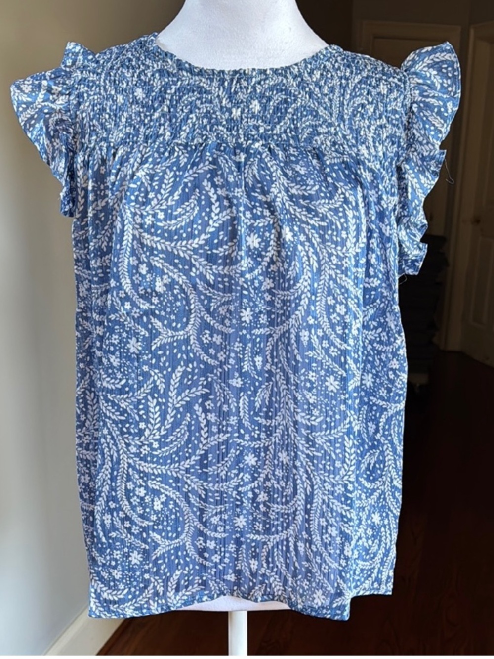Umgee Blue Floral Smocked Ruffle Sleeve Blouse